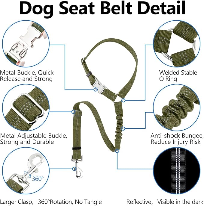 Plutus Pet Dog Seat Belt for Car Headrest, Reflective with Elastic Bungee | Adjustable Restraint for Safety, Vehicle Seatbelt Harness for Small Medium Large Dogs and Cats, Ranger Green