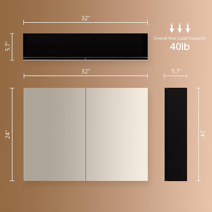 24x32 inch Bathroom Wall Cabinet, Saver Storage Cabinet, Medicine Cabinet with 2 Door and Adjustable Shelves, Black（Assembly Required）