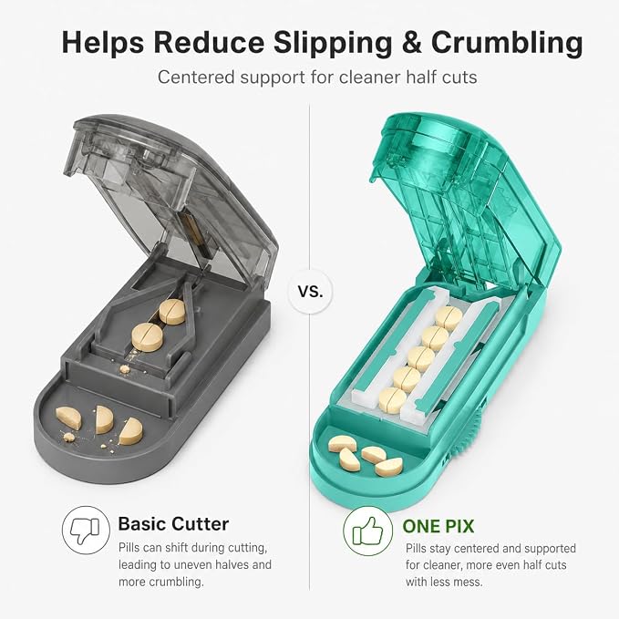 ONE PIX Pill Cutter Splitter for Small and Tiny Pills, Multiple Pill Splitter with Centering Device & Hidden Blade, Adjustable Tablet Cutter for Large Pills, Seniors, Pets, Cyan