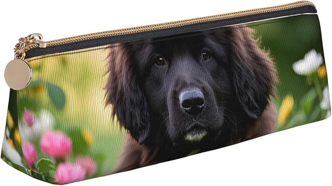 Leather Pen Case with Zipper - Aesthetic Pen Holder Cute Pet Newfoundland Dog Pencil Case for Women & Men - Handcrafted Pencil Bag Multi-Functional Travel Cosmetic Case for Work Office Tool Pouch
