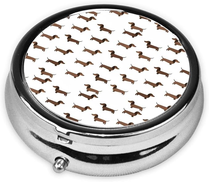 Pocket Pill Dispenser, Dachshund Round Metal Case, Travel Organizer for Medicine, Waterproof Pill Box Purse Use for Road Trips