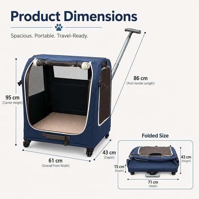 Foldable Rolling Pet Carrier Crate with Telescoping Handle | Soft-Sided Mesh Vents, 4 Smooth Wheels, Removable Inner Mat, Compact Flat Storage, Small to Medium Pets