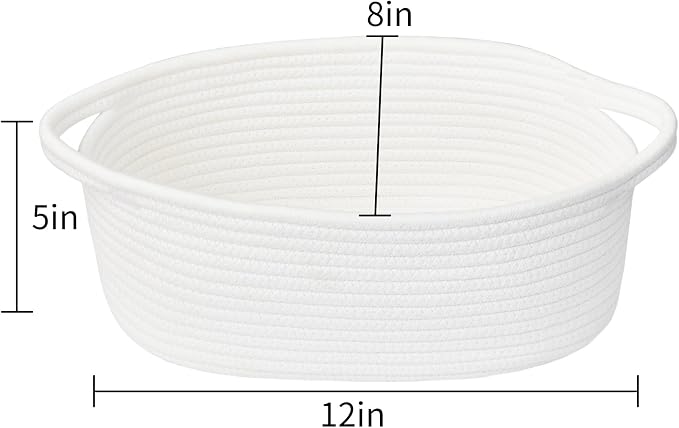 ABenkle Small Basket with Handles, Boho Decorative Rope Woven Dog Cat Toy Storage Bin Shelf Storage Organizer, Easter Christmas Gift Basket, 12"x8"x5", White