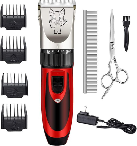 Highdas Dog Clippers for Grooming Rechargeable, Electric Dog Grooming Kit Clippers Low Noise, Cordless Quiet Dog Shaver, Pet Hair Trimmer Set for Dogs, Cats, Pets (Red)
