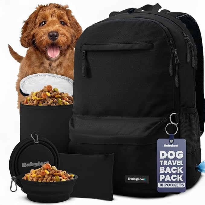 Dog Travel Backpack for Supplies - Dog Diaper Bag with Travel Bowls | 2 BPA-Free Bowls; Food Container & Treat Pouch; Placemat; Laptop Sleeve; Poop Bag Dispenser, Hiking, Camping & Road Trips,