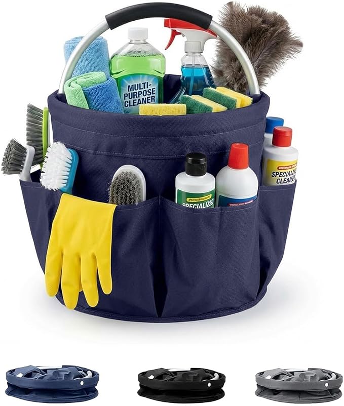 Foldable Cleaning Caddy with Handle 17L Large Cleaning Supplies Organizer 600D Oxford Portable Bucket Basket with 6 Pockets for Home Bathroom Garden Garage - Blue