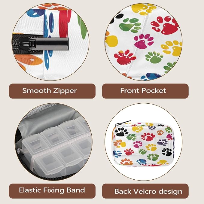 Weekly Pill Organizer Travel Size Bag with Removable 7 Day Pill Box Portable Vitamin Case Purse with Zipper,Colorful Pet Paws White
