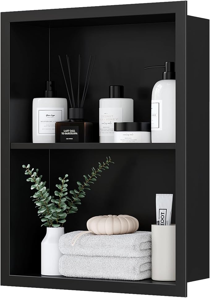 Qeke 14x 18 Medicine Cabinet Recessed with Double Shelves, Matte Black | 304 Stainless Steel Medicine Cabinet without Mirror, No Tile Needed Wall Niche for Bathroom Storage, Space Saving & Durable