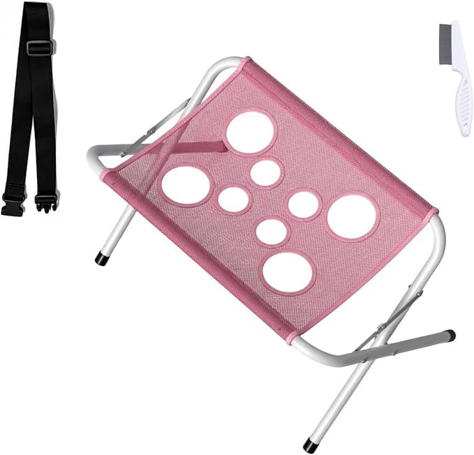 Foldable Pet Bathing Stand, Dog Grooming Bath Stand with Mesh Surface (Pink) | Elevated Dog Washing Station with Support Strap, Portable Metal Frame Bathing Rack for Small Dogs and Cats