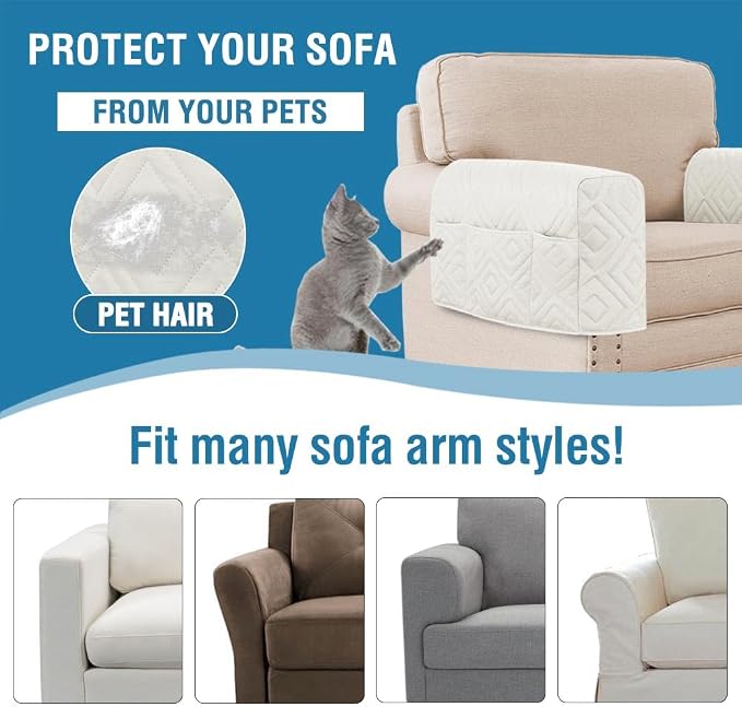 H.VERSAILTEX Water Resistant Armrest Covers for Sofa, 2 Pack, Ivory/Beige | Waterproof Armchair Caddy, Couch Arm Covers Remote Control Holder Sofa Armrest Organizer for Magazine, Tablet, Phone, iPad