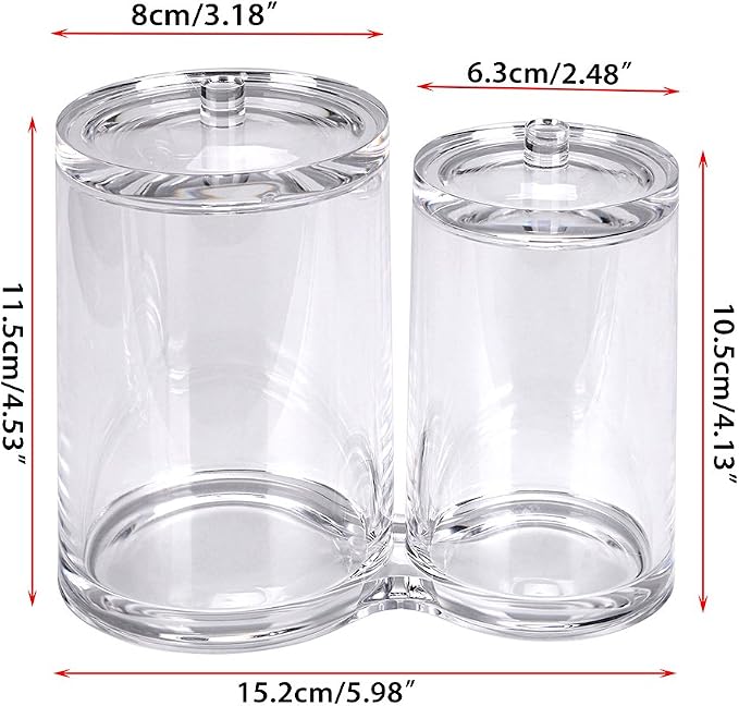 Hipiwe Clear Acrylic Cotton Swab and Ball Holder 2 Slots Q-tip Container | Round Cotton Pad Q-tip Organizer Case for Make Up Brush Clear Apothecary Jar
