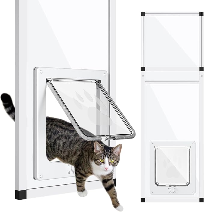 Vertical Cat Door for Window, Fits 41"-62" Height Window, 1-Min Install | Aluminum Frame + HD Glass | Weatherproof Design | Magnetic Closure Window Cat Door Insert, Adjustable Pet Door Window for Cats