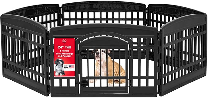 IRIS USA 6-Panel Dog Playpen, Pet Enclosure, Black | Pet Containment, Custom Pen Configuration, Multi-Shape Setup, Flexible Boundary, Tool-Free Assembly, Secure Door Latch