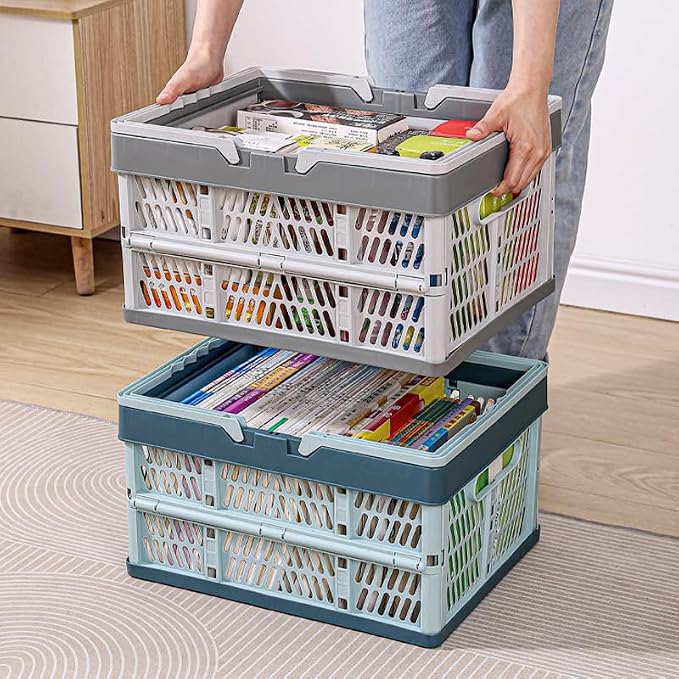 Domiella 2-Pack Foldable Storage Baskets, 20L Collapsible Crates PP Blue | Comfortable carry handles, space-saving design, sturdy PP construction for home storage shopping camping and picnics