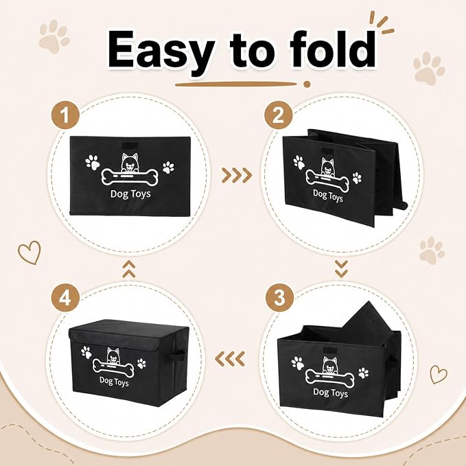 Novabright Dog Toy Basket with Lid Foldable Dog Toy Storage Bin with Clear Window Large Pet Storage Box with Handles for Pet Essentials Organization, 14.9 x 9.8 x 9.8 Inch(Black)