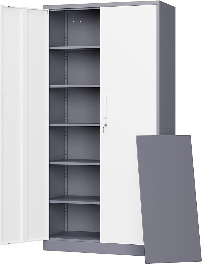 Metal Storage Cabinet with Lock Door and 5 Shelves,6 Tier Steel Garage Tool Cabinet for Home Office Utility Room 72" H X 36" W X18 D (White Gray)