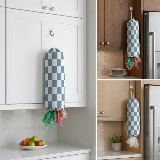 Plastic Bag Holder, Wall Mount Plastic Bag Organizer Dispenser Reusable Grocery Bag Organizer for Home Kitchen(Blue Checkered)