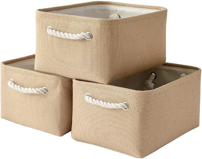 Storage Bins for Shelves - Medium 3Pack 13.8L*9.8W*6.7H inch Canves Storage Basket for Organizing, Fabric Storage with Handles for Clothes Baby Dog Toys(Beige)