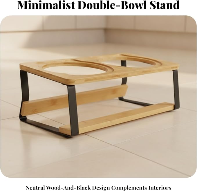 Cat Bowl Stand Elevated Feeder Raised Holder Double Dish Organizer Bamboo Wood and Iron Tilted Frame with Space Saving Design Suitable for Cats and
