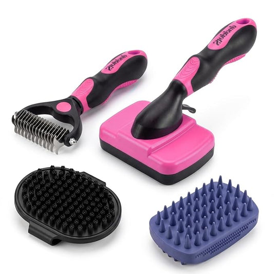 PETIMP STORE 4PCS Self Cleaning Slicker Brush, Pet Grooming Rake, Bath Brush & Massage Brush for Short/Long Haired Dogs, Cats & Horses, Pet Grooming Deshedding Tools - Pet Supplies (Pink Black)