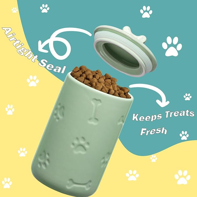 Dog Treat Container Airtight - 9"x5" Ceramic Big Treats Jar with Lid(Green) | Large Capacity Doggie Cookie Jar for Countertop, Airtight Lid Keep Food Fresh, Sturdy Durable, Cute Prints and Bone Handle