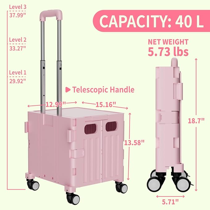 Foldable Shopping Cart with Wheels: Pink Rolling Utility Crate | Adjustable Handle, All-Terrain Wheels, Multipurpose Grocery Trolley for Teacher, Market, Office, Luggage, Laundry, Garden