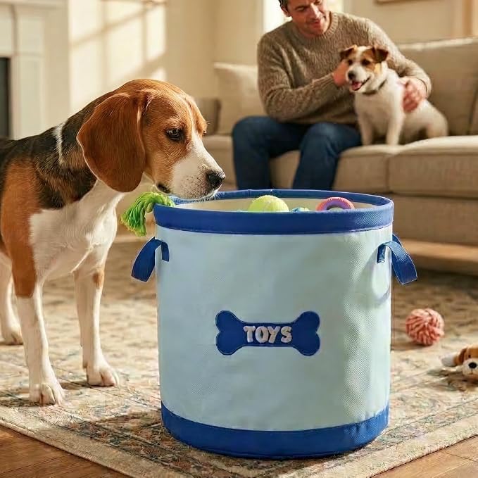 Pawty Reversible Dog Toy Basket – 35L Large Collapsible Fabric Storage Bin with Dog Toys Text – Foldable Pet Toy Box & Organizer for Blankets, Leashes, Living Room – 13.8" x 15.75" (Holds 20+ Toys)