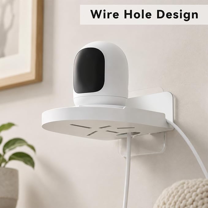 4 Pack Adhesive Security Camera Wall Mount, Universal Monitor Brackets with Cable Clips Self Adhesive Versatile Surveillance Holder Small Wall Shelf for Bedroom Kitchen Living Room White