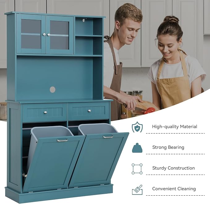 LOUVIXA 68.4" Kitchen Pantry Storage Cabinet, Freestanding Cupboard with Shelf, 2 Drawers and 2 Tilt Out Trash Cabinet, Tall Cabinets for Kitchen, Dinning Room, Living Room (Deep Teal, Double Tilt)