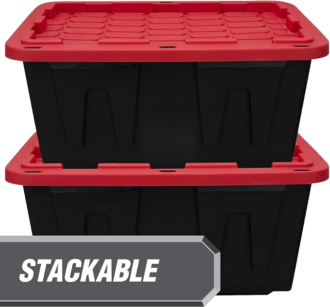 27 Gal Garage Storage Bin with Snap Lid, Lockable, Recycled, Black/Red