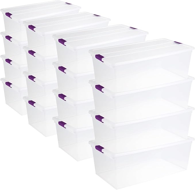 Sterilite 16-Pack 110 Quart ClearView Latch Box, Stackable Organizer Bins with Latching Lids - Clear Plastic Organization Containers for Closet, Bedroom, Shelving Units and Everyday Home Storage