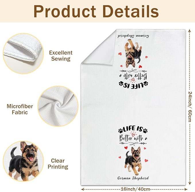 WwongxianB German Shepherd Kitchen Towels Decorative Set of 2, Funny Tea Towel Hand Towels Highly Absorbent Soft Dish Cloths 16x24 Inches, Bathroom Decor, German Shepherd Gifts for Dog Lovers -08
