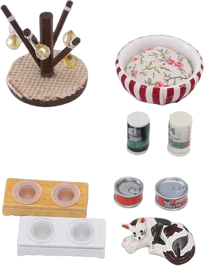 Focket 1:12 Dollhouse Cat Figurines, Miniature Dollhouse Accessories with Cat Bowl Stand and Bed, for Pet Lifestyle Display and 1/12 Scale Model Houses
