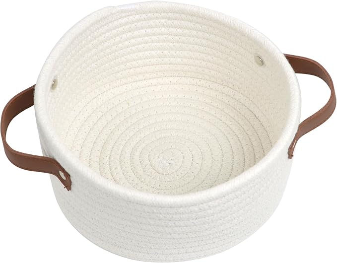 Small Woven Basket, Mini Cotton Rope Storage Basket with Leather Handle | Tiny Decorative Round Storage Bin, Cute Empty Gift Baskets for Organizing, Toy Organizer for Nursery, Boho Room Decor