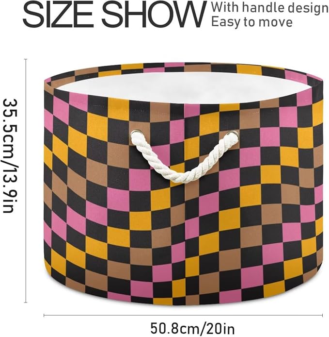 Wavy Checkered Print Collapsible Round Storage Basket with Handles | Colorful Retro Plaid Large Laundry Baskets Hamper, Clothes Organizer Bin for Bedroom Living Room Decor, 20x 20x 14 Inches