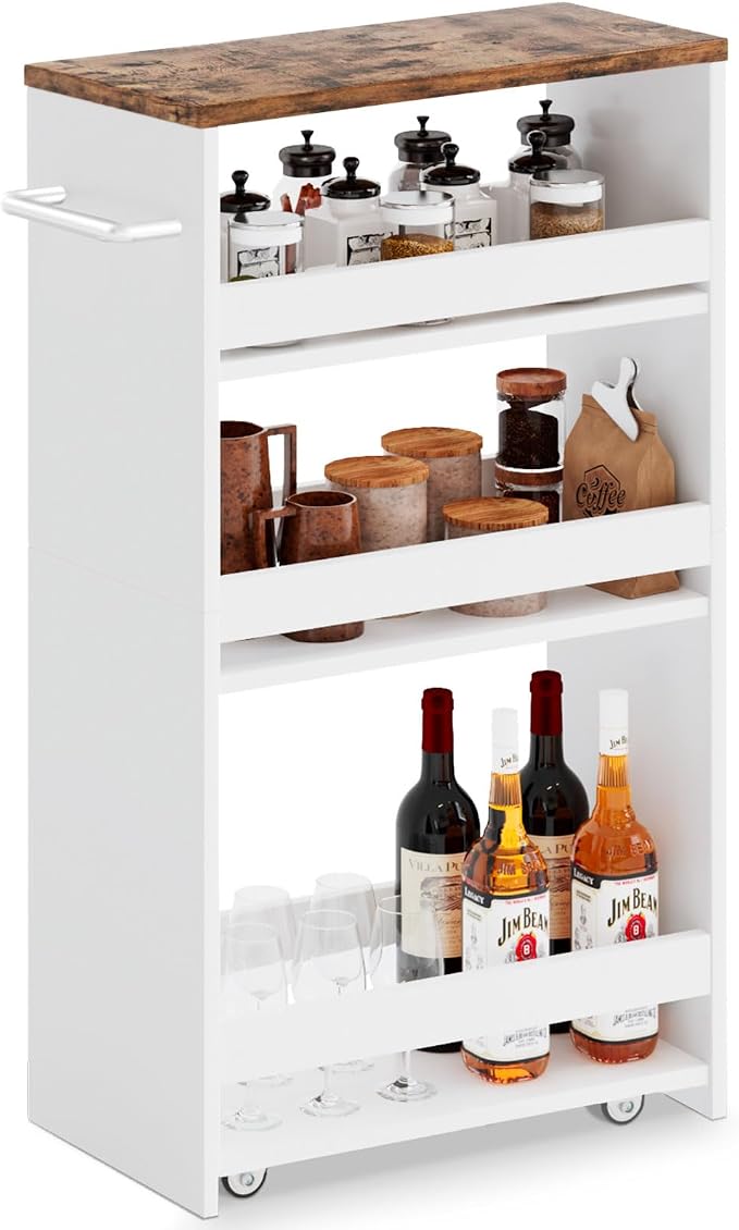 MARTY Slim Rolling Storage Cart 7.9" W Laundry Cart with Wheels,Brown+White | Narrow Utility Cart Between Washer and Dryer, 3 Tier Mobile Shelving Unit for Kitchen, Laundry, Bathroom, Office, Living Room