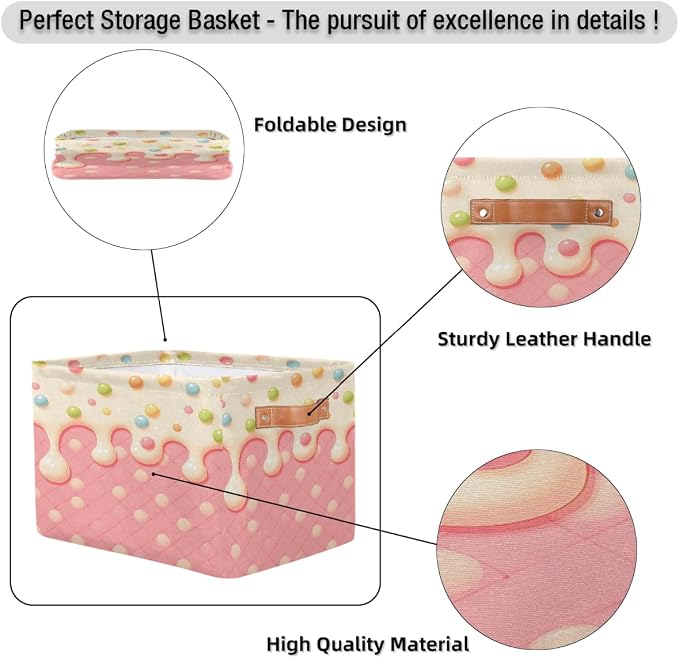 Pardick Waffle Basket Storage Bins Rectangle Canvas Basket Cube Storage Box | Nursery Foldable Basket with Handle for Kids Girls Boys Toys Living Room Closet Organizer Shelf Gifts Candy Pink