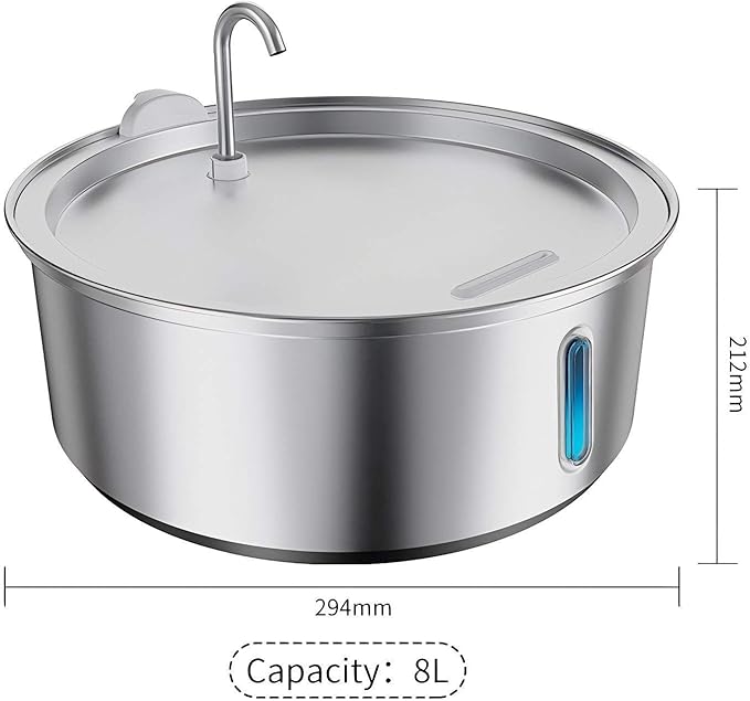 Large Dogs Water Fountain, 8L/270oz Stainless Steel Dog Water Fountain with Visual Water Level Window for Large for Families with Many Pets and Busy Families. with Operating Noise Below 30 decibels