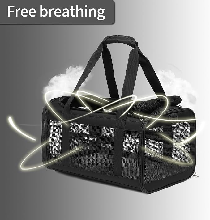 Airline Approved Pet Carrier for Cats and Small Dogs up to 15 lbs, Breathable Mesh and Collapsible Design, Portable Travel Bag for Bearded Dragon, Puppies Animal Hangbag, Rabbit Cage (Black, Small)
