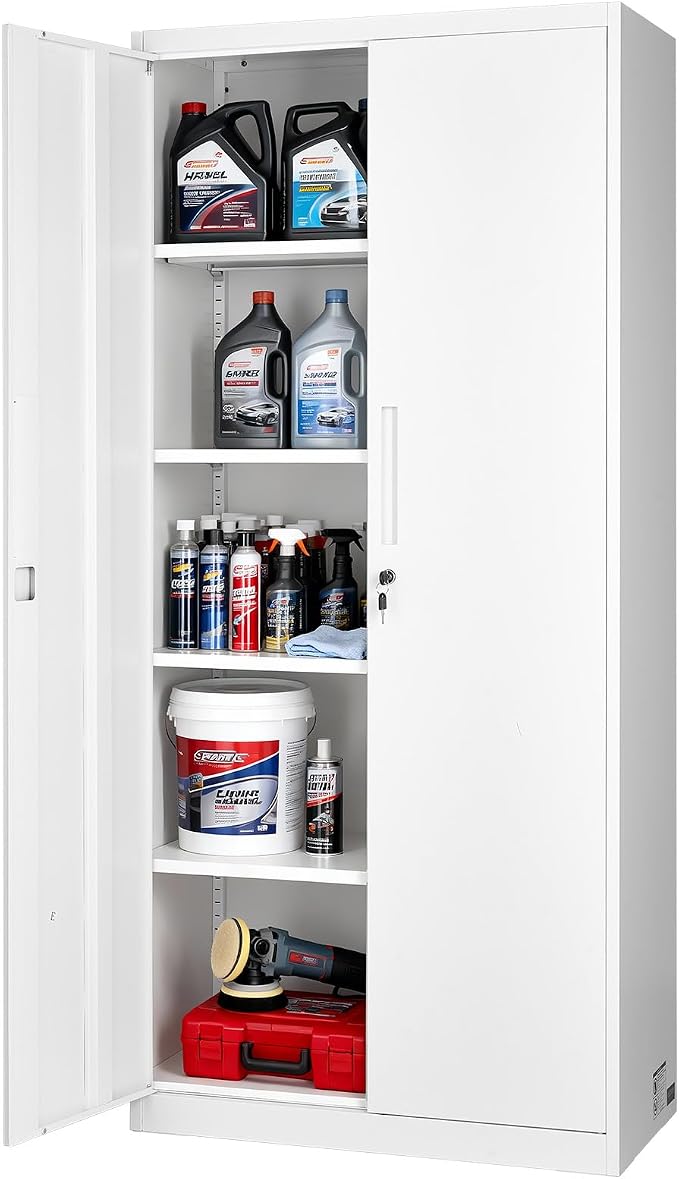 VEVOR Metal Storage Cabinet, Lockable Steel Garage Cabinet with Adjustable Shelves, 2 Magnetic Doors, 2 Keys, 5-Tiers Tool Storage Locker for Home, Office, School, Warehouse, Basement, Laundry, White
