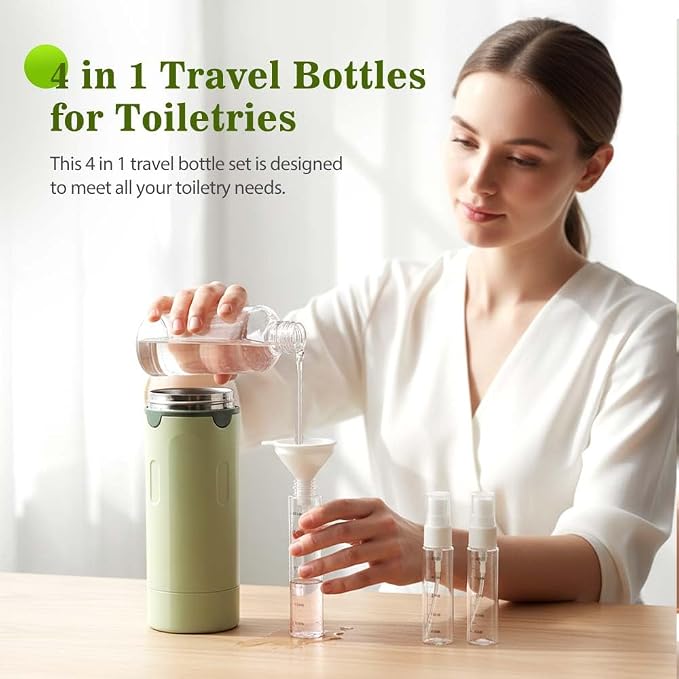 4 in 1 Travel Dispenser, 4 Pack 30ML Travel Bottles for Toiletries with Scale and Label, Leak Proof Travel Size Containers, Portable Containers for Shampoo Lotion Conditioner Cream (White+Green)
