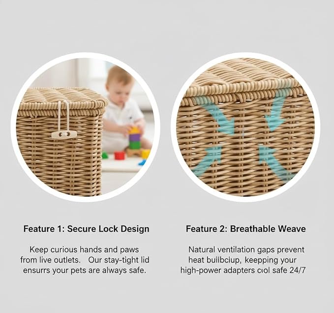 Handwoven Rattan Cable Management Box - Decorative Cord Organizer with Safety Lock, Large Boho Style Wire Hider for Desk, TV & Floor, Heat-Ventilated Power Strip Cover for Pet Proofing (#C, L)