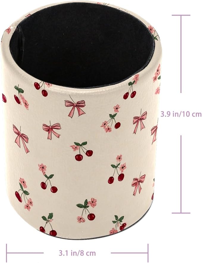 Bows and Cherries Pen Holder, Pencil Cup Marker Brush Holder Desk Storage Case, Desktop Organizer for School Office Home Supplies