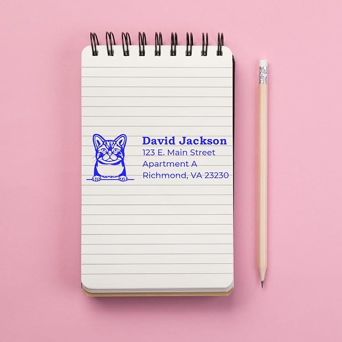 Peeking American Wirehaired Cat Wood Handle Address Stamp - Clear Imprint | Address Stamper for Housewarming Gifts. Return Address Stamp for American Wirehaired Cat Lovers. Rectangular.
