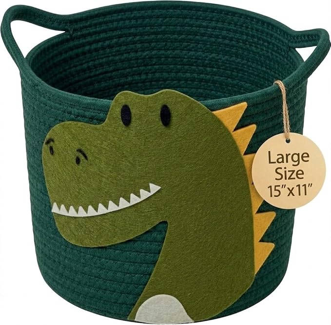 Nursery Storage Basket, Large Woven Cotton Rope Baby Bin with Dinosaur design, Strong Handles, Baby-Safe Kids Toy Organizer for Stuffed Animals, Laundry Hamper, Foldable & Washable (Dinosaur 35L)