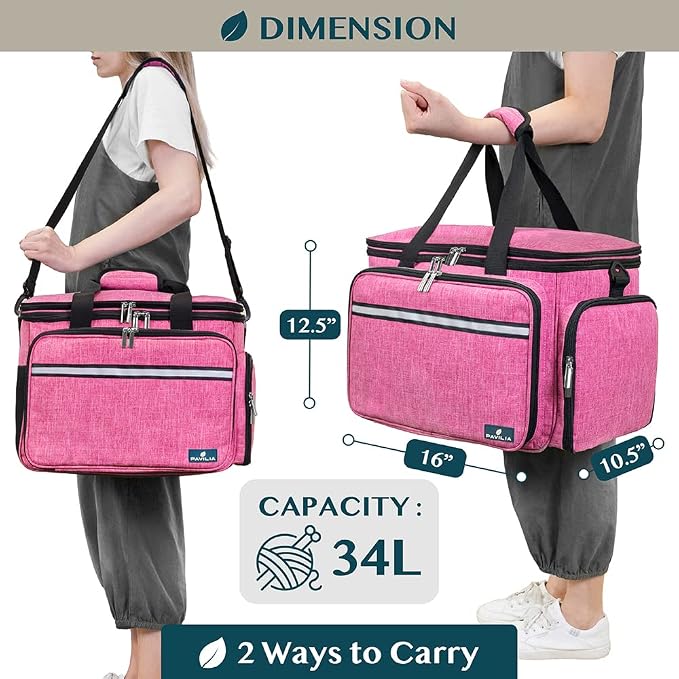 PAVILIA Knitting Bag Yarn Storage Tote - Large Crochet Organizer, Holder for Knitter Projects, Accessories Set, Gifts for Crochet Lovers - Heather Pink