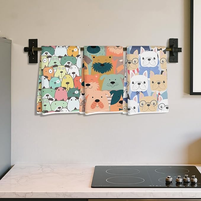 Hanamiya Na 3 Pcs Cute Cartoon Dog Kitchen Towels, Colorful Seamless Pattern Decorative Absorbent Microfiber Dish Cloth Tea Towel, Durable Hand Towels for Farmhouse Home Bathroom, Dog Lover Gifts