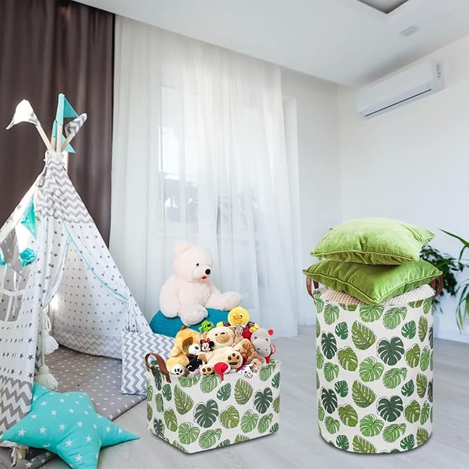 NTAOHAMPER Rectangular Green Storage Basket, Waterproof Safari Nursery Box with Handles for Bedroom, Jungle Theme Gifts Basket, Momstera Decor(Leaf)