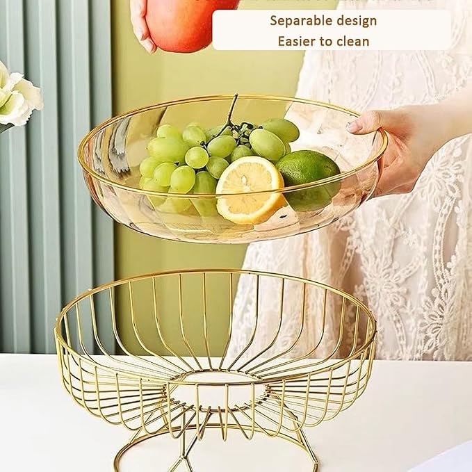 Transparent PET base fruit platter gold stand metal frame snack dessert tray plate, home creative modern living room fruit bowl stand (Transparent)