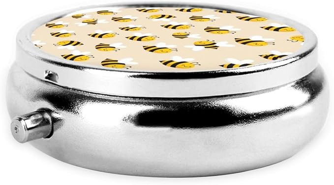 Travel Pill Holder, Cute Bee Pattern Round Compact Organizer, Small Dispenser with Mirror, Pocket Purse Case for Vitamins
